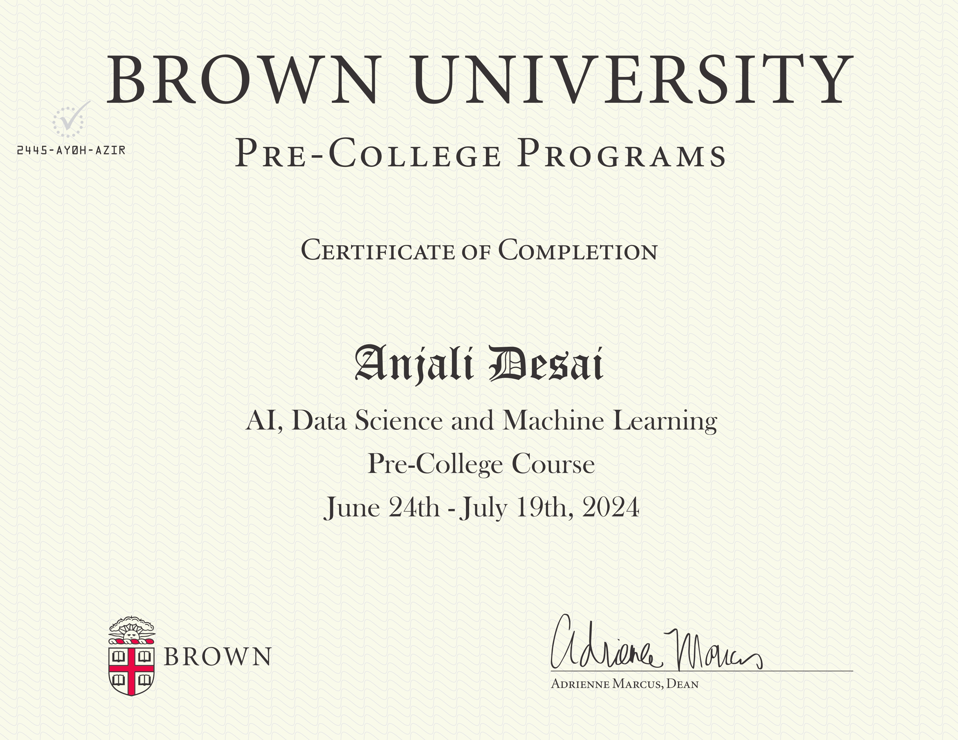 Brown Pre-College: AI, ML and Data Science